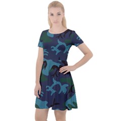 Camouflage Blue Cap Sleeve Velour Dress 