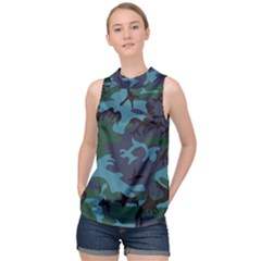 Camouflage Blue High Neck Satin Top