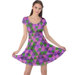 Retro Pink Purple Geometric Pattern Cap Sleeve Dress