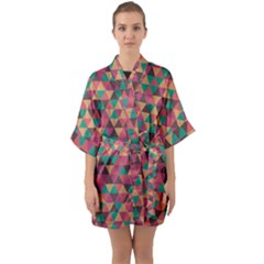 Retro Orange Green Geometric Pattern Quarter Sleeve Kimono Robe