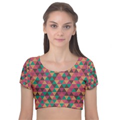 Retro Orange Green Geometric Pattern Velvet Short Sleeve Crop Top 