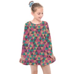 Retro Orange Green Geometric Pattern Kids  Long Sleeve Dress