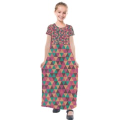 Retro Orange Green Geometric Pattern Kids  Short Sleeve Maxi Dress