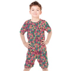 Retro Orange Green Geometric Pattern Kids  Tee And Shorts Set