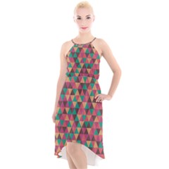 Retro Orange Green Geometric Pattern High-low Halter Chiffon Dress 