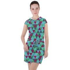 Retro Teal Green Geometric Pattern Drawstring Hooded Dress