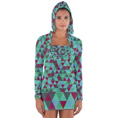 Retro Teal Green Geometric Pattern Long Sleeve Hooded T-shirt by snowwhitegirl