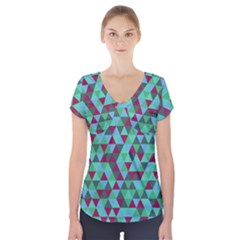 Retro Teal Green Geometric Pattern Short Sleeve Front Detail Top by snowwhitegirl