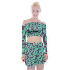 Retro Teal Green Geometric Pattern Off Shoulder Top With Mini Skirt Set by snowwhitegirl