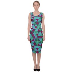 Retro Teal Green Geometric Pattern Sleeveless Pencil Dress