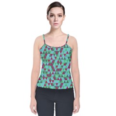 Retro Teal Green Geometric Pattern Velvet Spaghetti Strap Top