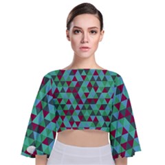 Retro Teal Green Geometric Pattern Tie Back Butterfly Sleeve Chiffon Top