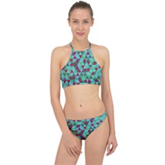 Retro Teal Green Geometric Pattern Racer Front Bikini Set