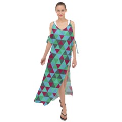 Retro Teal Green Geometric Pattern Maxi Chiffon Cover Up Dress