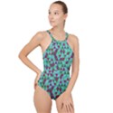 Retro Teal Green Geometric Pattern High Neck One Piece Swimsuit View1