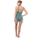 Retro Teal Green Geometric Pattern High Neck One Piece Swimsuit View2