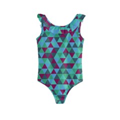 Retro Teal Green Geometric Pattern Kids  Frill Swimsuit