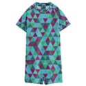 Retro Teal Green Geometric Pattern Kids  Boyleg Half Suit Swimwear View1