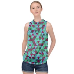 Retro Teal Green Geometric Pattern High Neck Satin Top