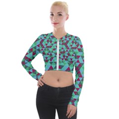 Retro Teal Green Geometric Pattern Long Sleeve Cropped Velvet Jacket