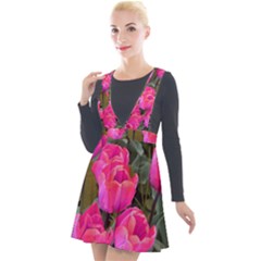 Pink Tulips Plunge Pinafore Velour Dress