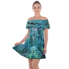 Blue Forest Off Shoulder Velour Dress