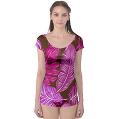 Tropical Pink Leaves Boyleg Leotard 