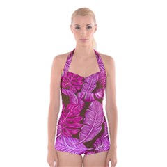 Tropical Pink Leaves Boyleg Halter Swimsuit  by snowwhitegirl