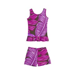 Tropical Pink Leaves Kids  Boyleg Swimsuit