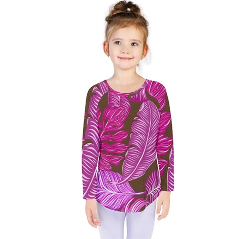 Tropical Pink Leaves Kids  Long Sleeve Tee by snowwhitegirl