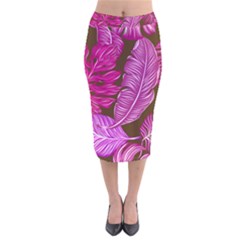 Tropical Pink Leaves Velvet Midi Pencil Skirt by snowwhitegirl