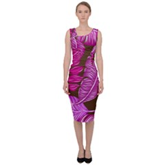 Tropical Pink Leaves Sleeveless Pencil Dress