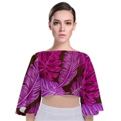 Tropical Pink Leaves Tie Back Butterfly Sleeve Chiffon Top