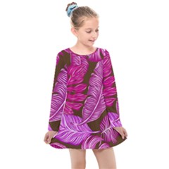 Tropical Pink Leaves Kids  Long Sleeve Dress