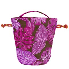 Tropical Pink Leaves Drawstring Bucket Bag