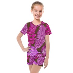 Tropical Pink Leaves Kids  Mesh Tee And Shorts Set