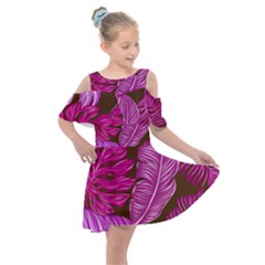 Tropical Pink Leaves Kids  Shoulder Cutout Chiffon Dress