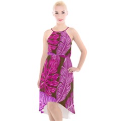 Tropical Pink Leaves High-low Halter Chiffon Dress 