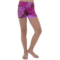 Tropical Pink Leaves Kids  Lightweight Velour Yoga Shorts