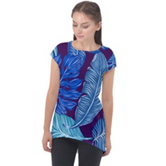 Tropical Blue Leaves Cap Sleeve High Low Top