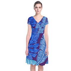 Tropical Blue Leaves Short Sleeve Front Wrap Dress