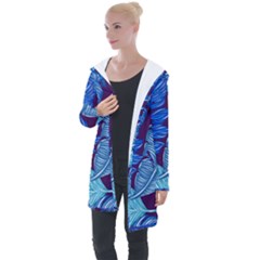 Tropical Blue Leaves Longline Hooded Cardigan