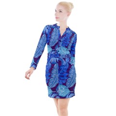 Tropical Blue Leaves Button Long Sleeve Dress