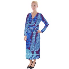 Tropical Blue Leaves Velvet Maxi Wrap Dress