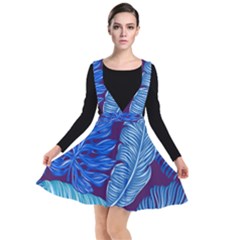 Tropical Blue Leaves Plunge Pinafore Dress