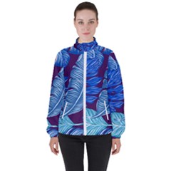 Tropical Blue Leaves Women s High Neck Windbreaker