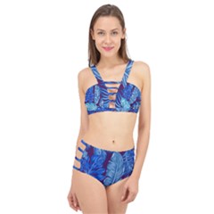 Tropical Blue Leaves Cage Up Bikini Set