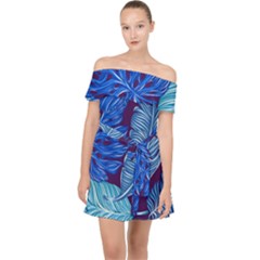 Tropical Blue Leaves Off Shoulder Chiffon Dress