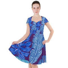 Tropical Blue Leaves Cap Sleeve Midi Dress