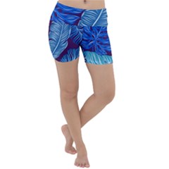 Tropical Blue Leaves Lightweight Velour Yoga Shorts